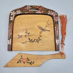 Vintage Wood Hand Carved Painted Crumb Tray & Scraper Floral & Bird Design Japan